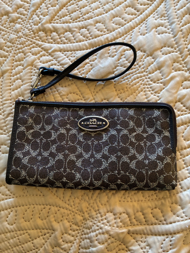 Coach Brown Signature Canvas Wristlet With Black Strap